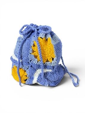 Hand-Crocheted Drawstring Bag Yellow Sun and Moon Blue Crochet‎ Knit Back Pack